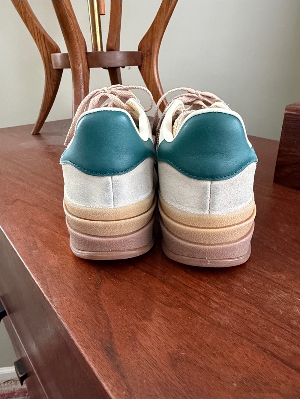 adidas Gazelle Women's Cream Suede Sneakers with Green Stripes and Tan Laces - Picture 3 of 5